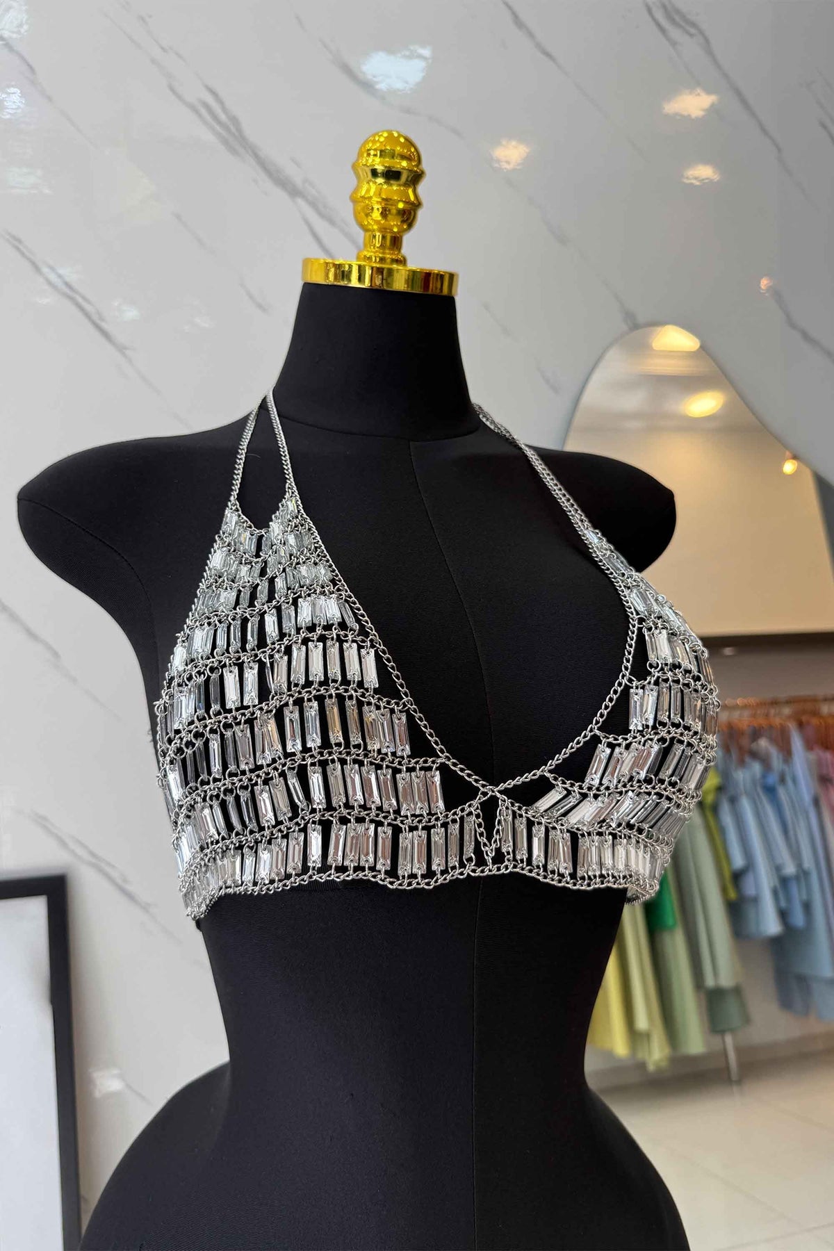 Top Corrente Metálico com Cristais Retangulares Mosaico