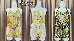 Conjunto Crochê com Paetês – Top Frente Única e Saia Curta Artesanal