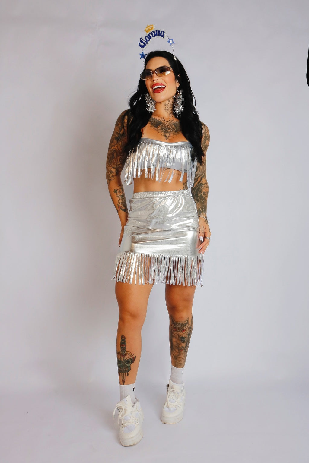 Conjunto Cropped e Saia Franjas Metalizado