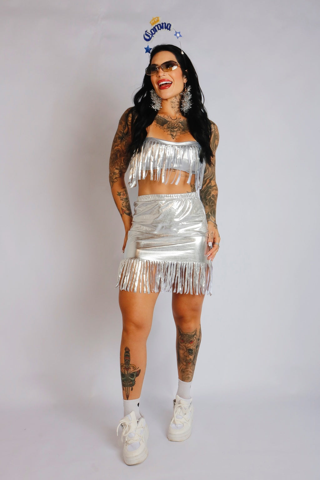 Conjunto Cropped e Saia Franjas Metalizado