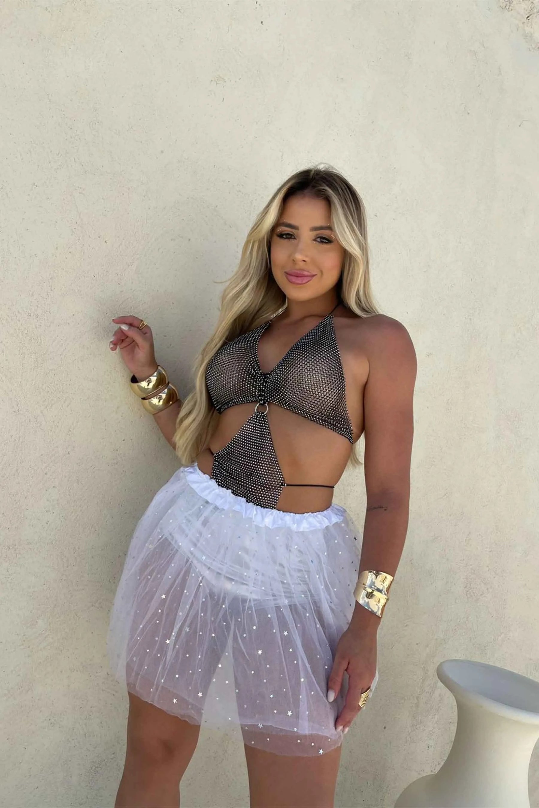 Top Bory Triângulo em Mesh com Strass