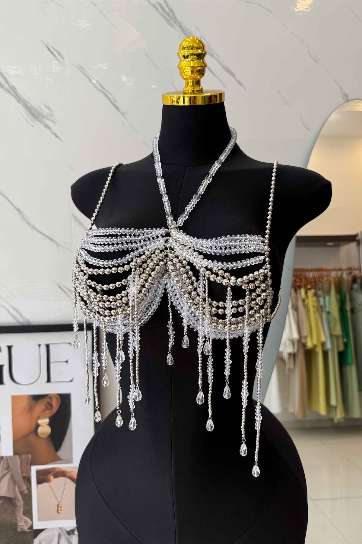 Top Corrente com Contas e Cristais Pendentes Estilo Joia