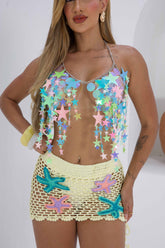 Cropped de Corrente Estrelas Furta-Cor Franjas Longas Body Chain