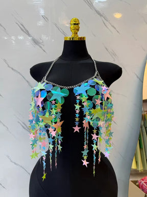 Cropped de Corrente Estrelas Furta-Cor Franjas Longas Body Chain