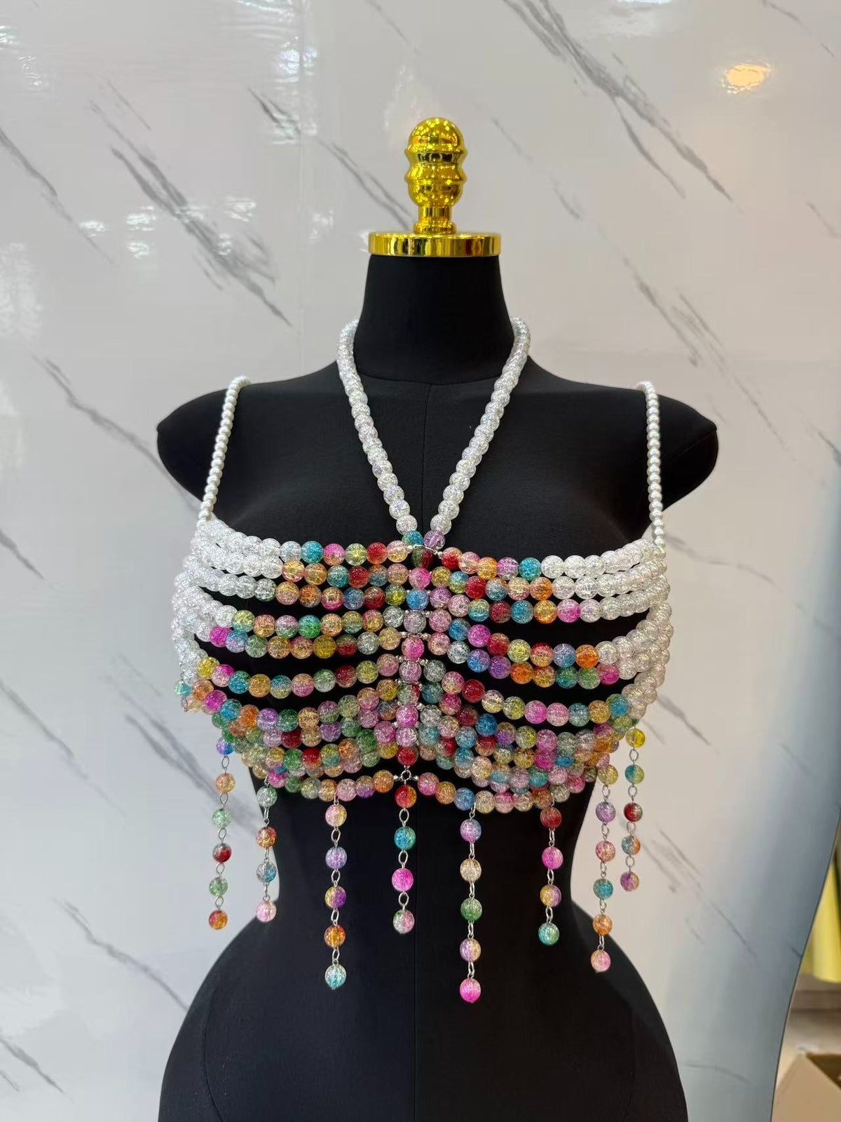 Cropped de Pedraria Candy Color Pérolas e Correntes Body Chain